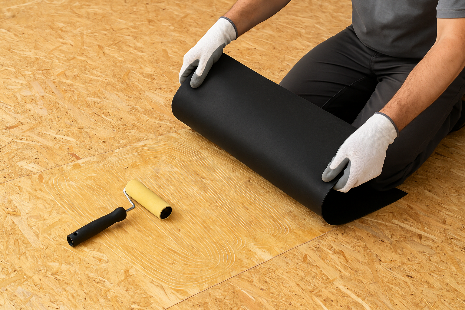 Black roofing membrane placed on plywood during installation
