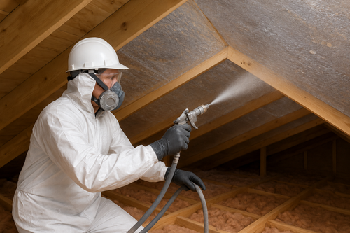 Radiant barrier paint spray applied to attic rafters by protected worker