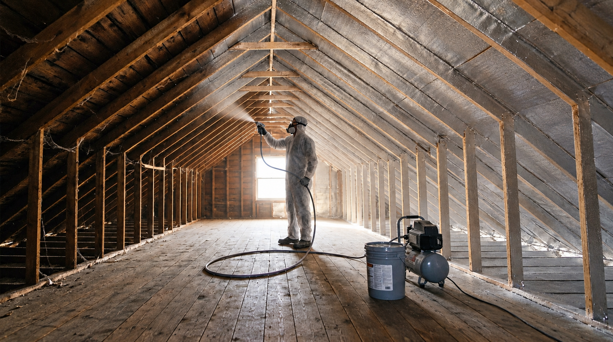 Radiant barrier paint sprayer equipment in an attic with coated framing surfaces
