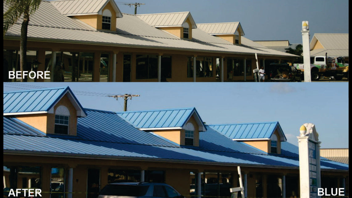 Comparison of a metal roof before and after being painted blue.