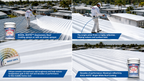 Roof coating application with bright white reflective coat and spray equipment on metal roofs
