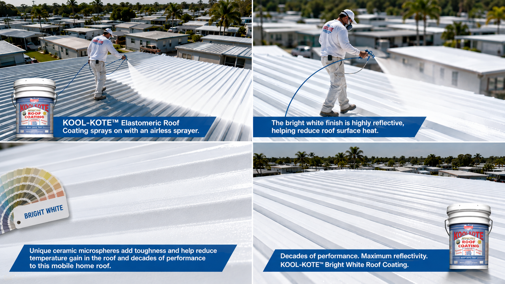Roof coating application with bright white reflective coat and spray equipment on metal roofs
