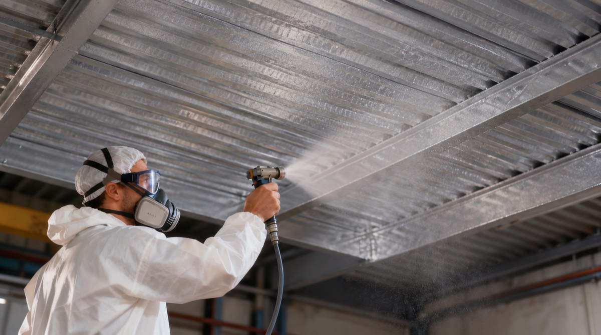 Worker spraying radiant barrier paint onto reflective foil-like ceiling panels