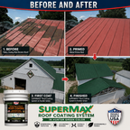 Elastomeric roof coating system showing coated roof panels and coating bucket