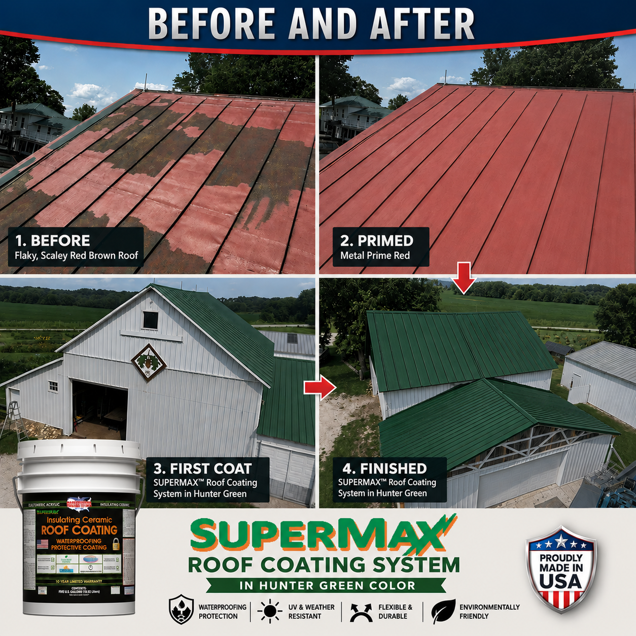 Elastomeric roof coating system showing coated roof panels and coating bucket
