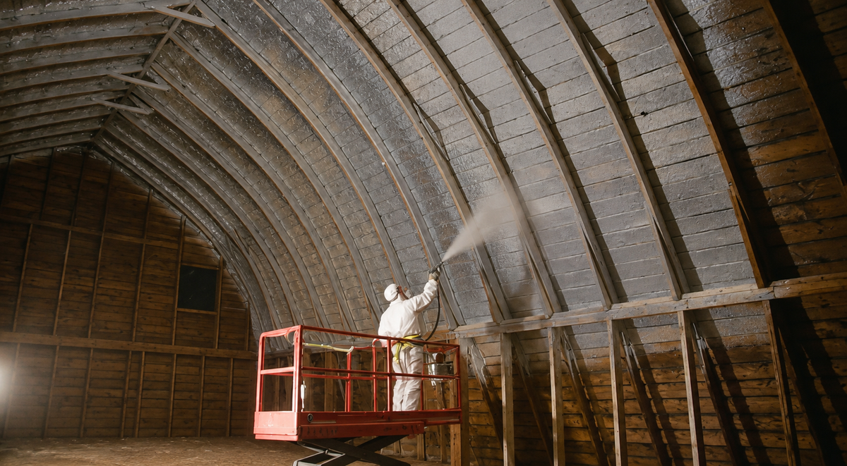 Radiant barrier paint misting attic ceiling beams from an elevated sprayer