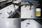 RV roof coating application view with roller tools and coating can on roof