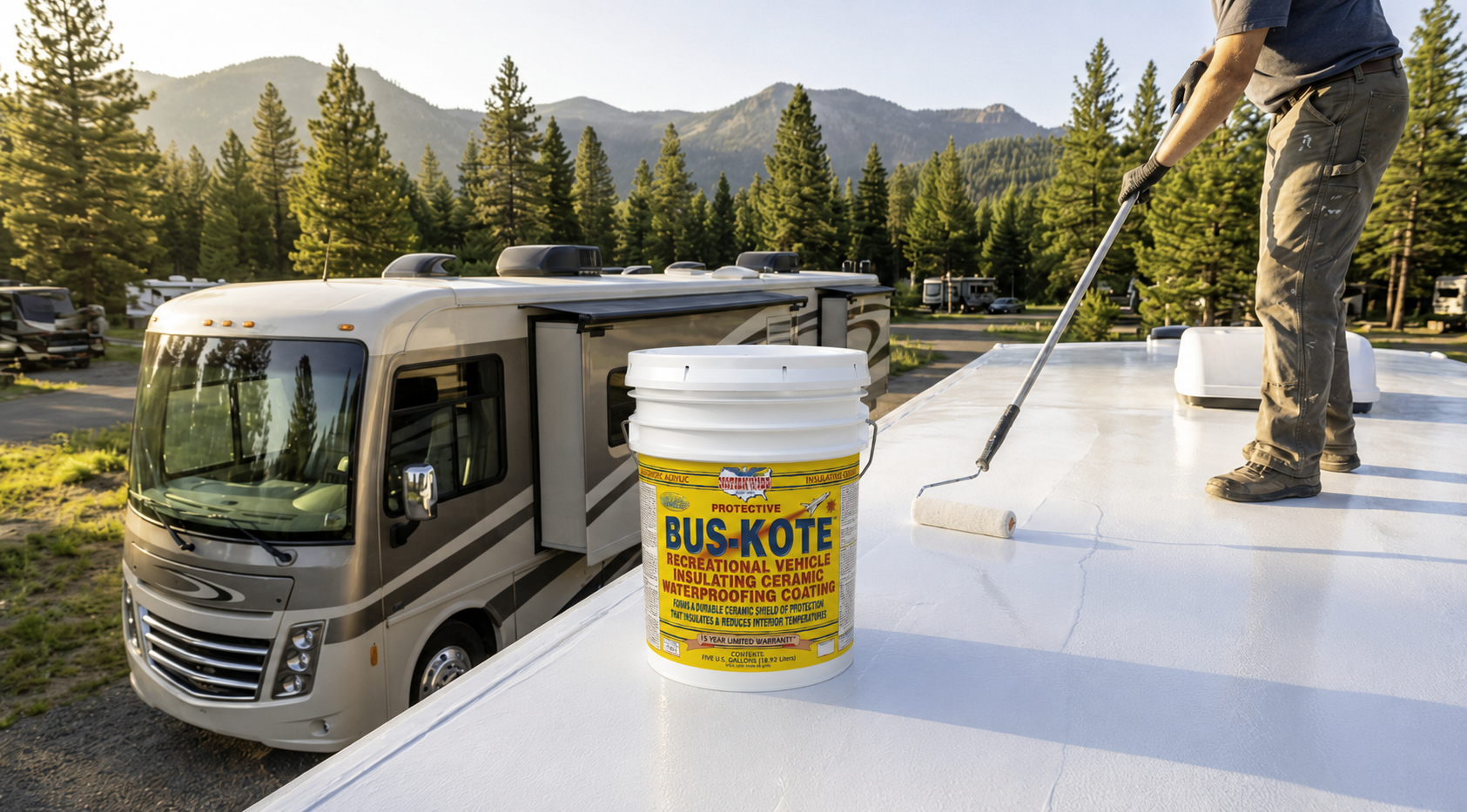 RV roof coating can and applicator brush on a large white roof panel