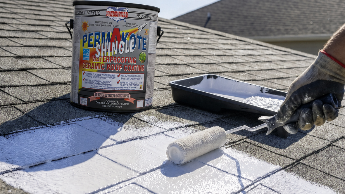 PERMAKOTE® ShingleTe roof coating bucket with roller tray on shingle roof