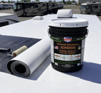 Universal RV membrane adhesive bucket on rolled roofing membrane