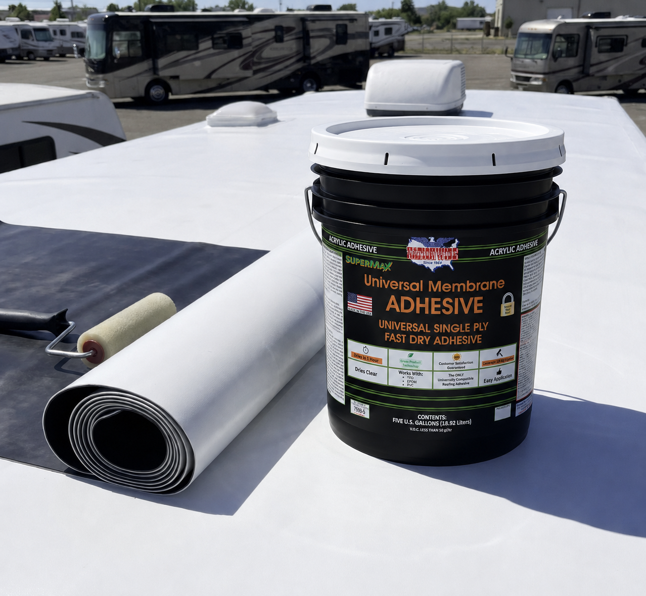 Universal RV membrane adhesive bucket on rolled roofing membrane