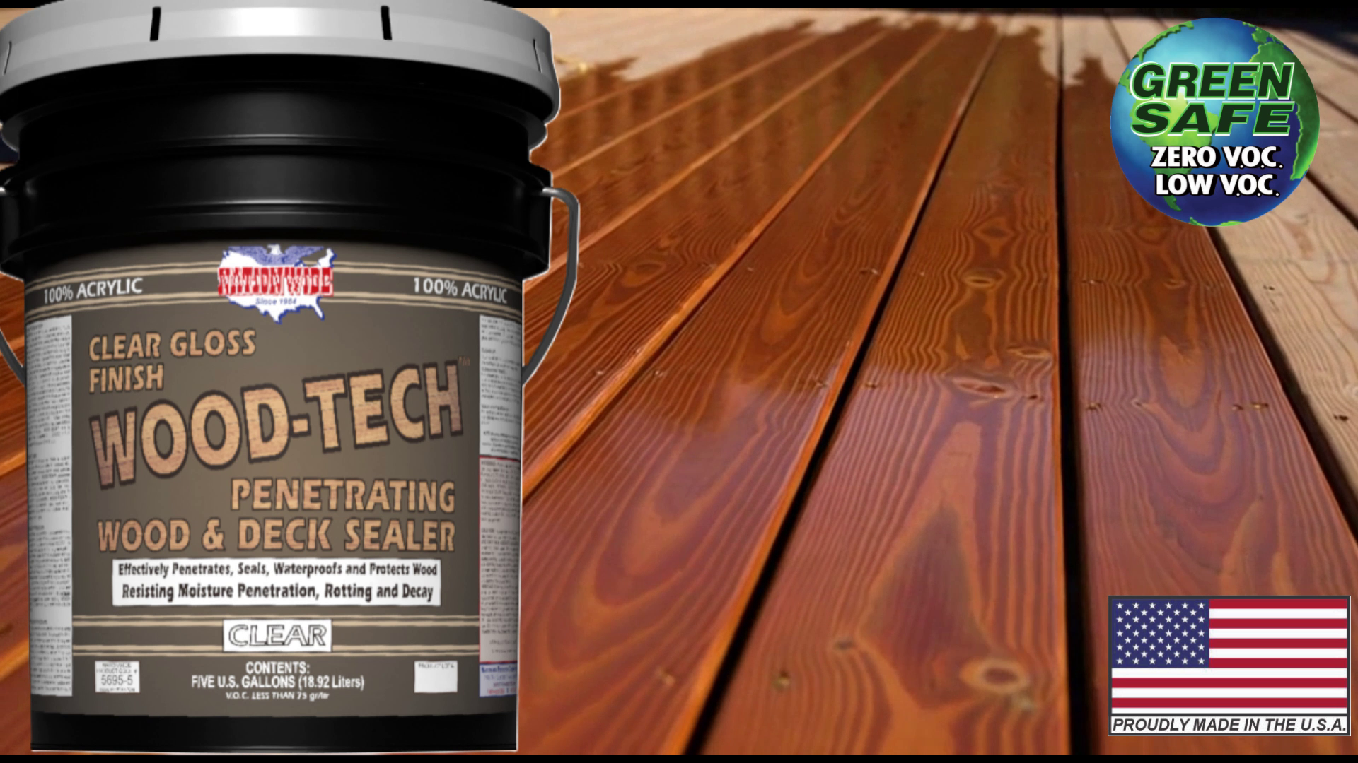 WOOD-TECH™ Clear Sealer bucket with sealed wooden deck boards and decorative badges.