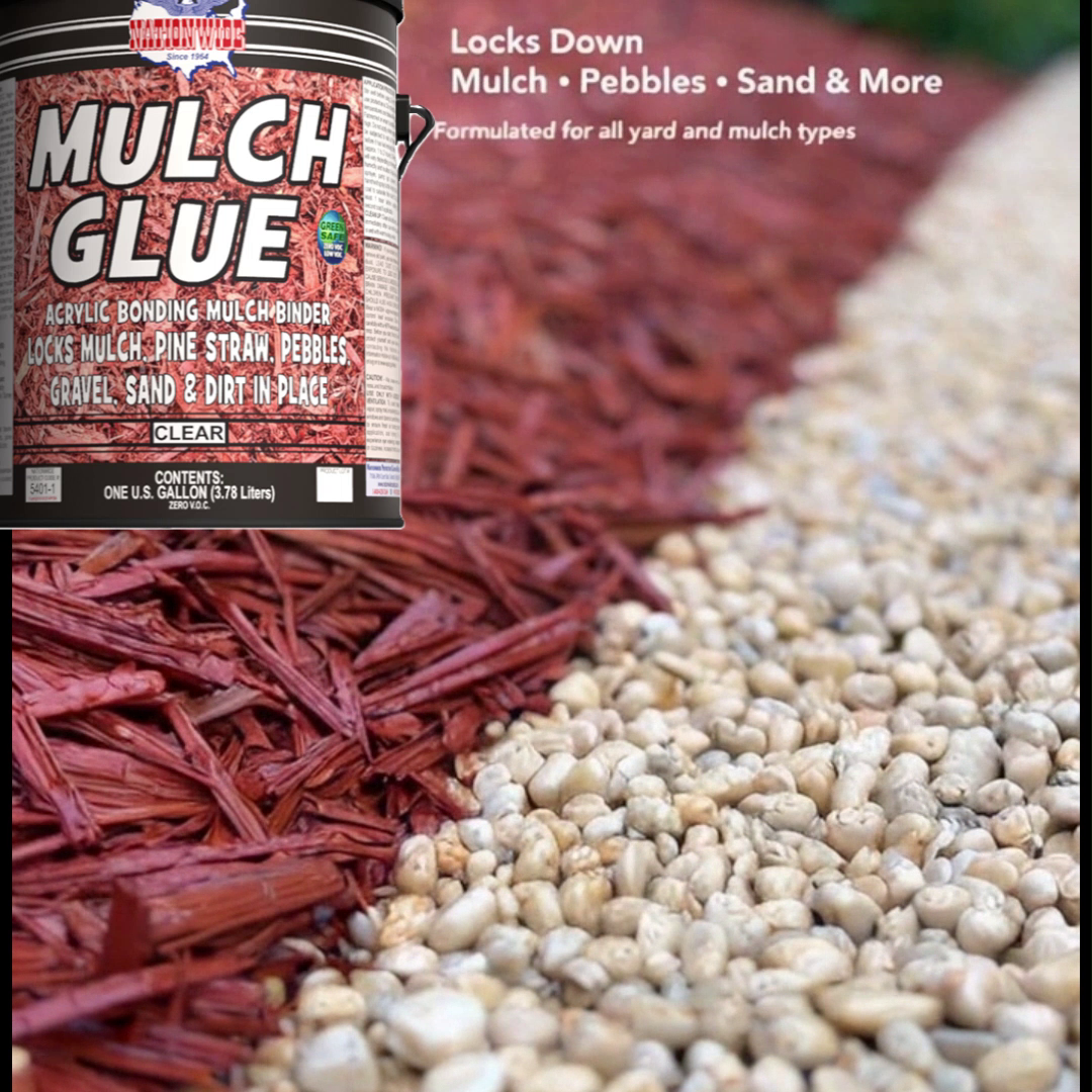 Mulch Glue™ container next to wood mulch and small gravel in a garden border area.